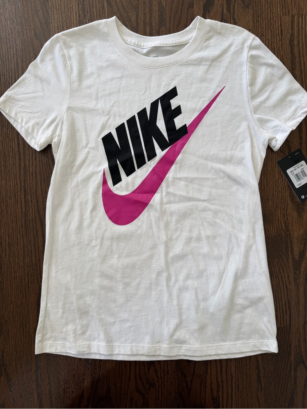 Nike White Short-Sleeve Tee with Pink Swoosh and Black NIKE Text